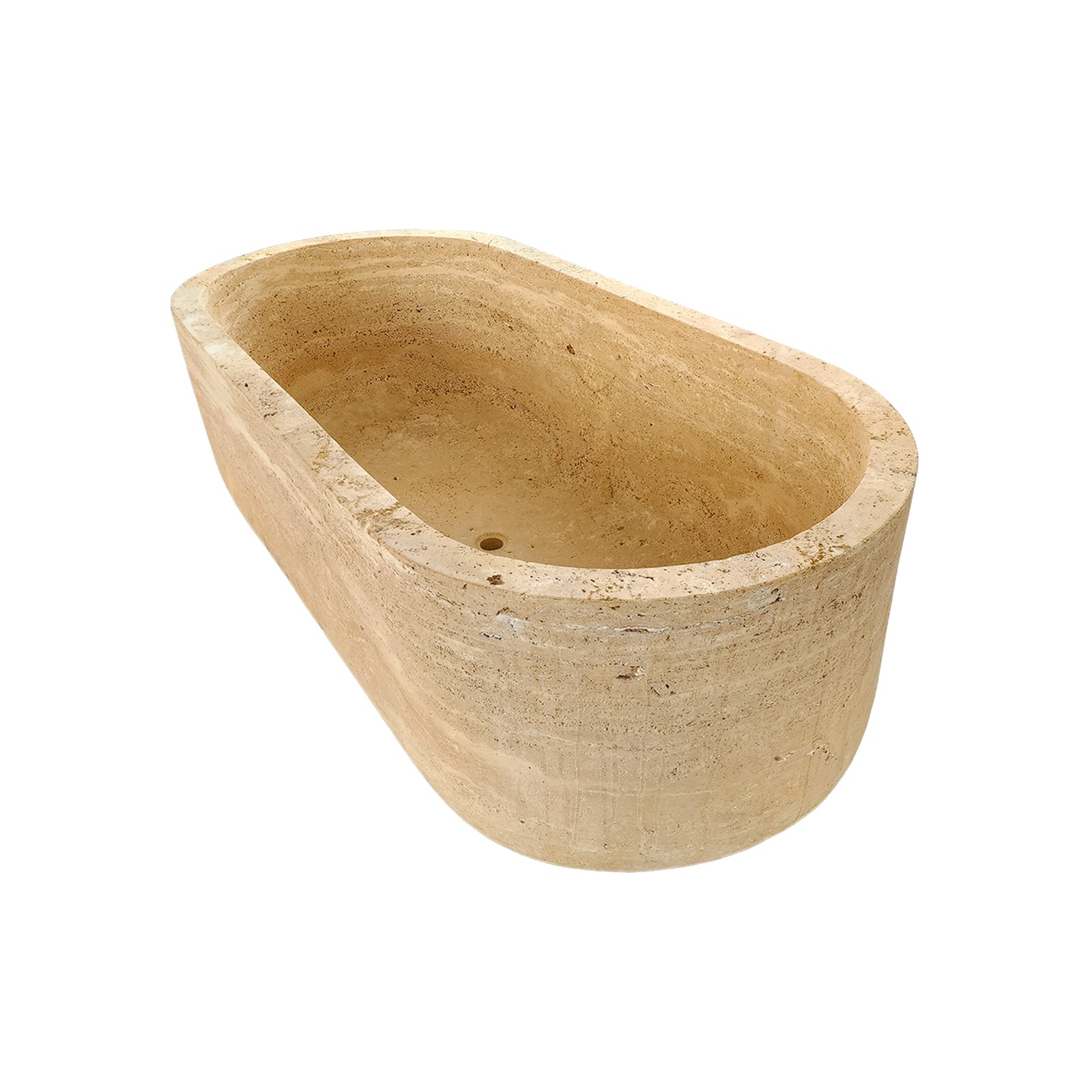 Freestanding oval travertine bathtub, natural stone soaking tub with warm earthy finish
