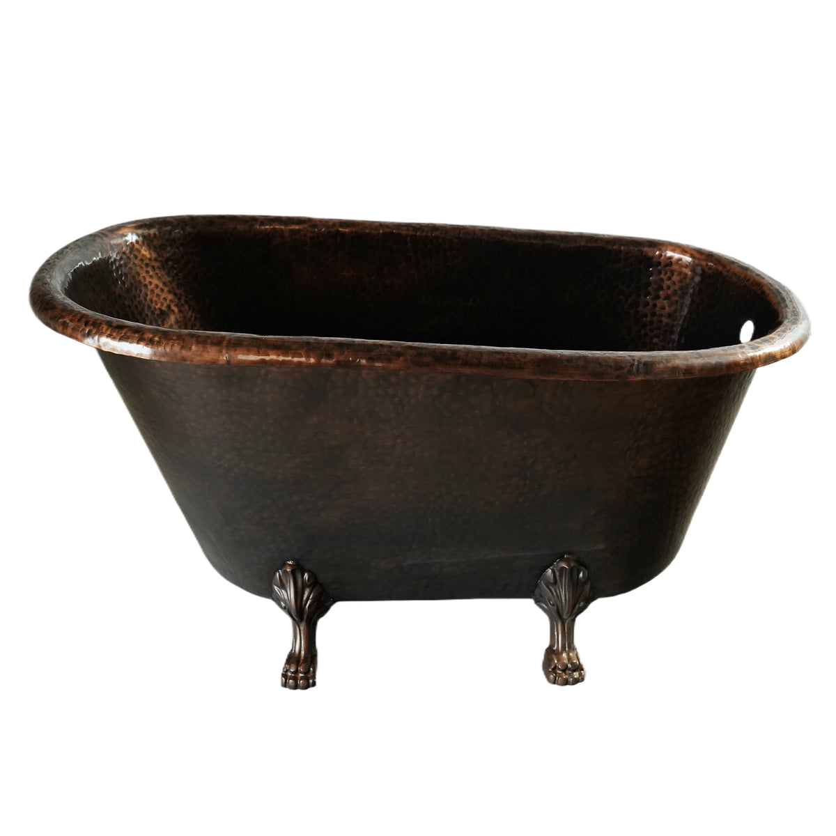 Handcrafted dark antique copper clawfoot freestanding bathtub with hammered texture