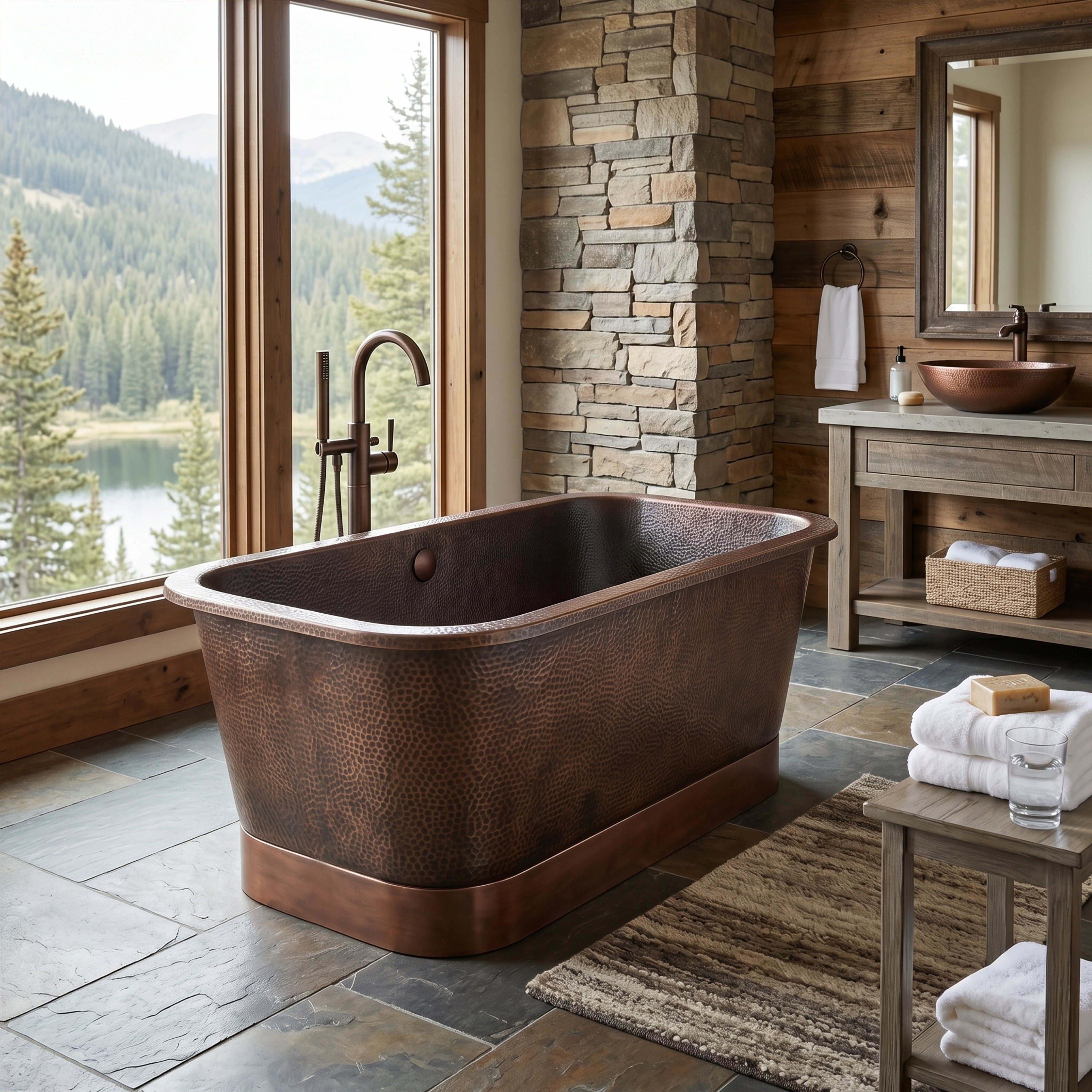 Hammered Rectangle Copper Freestanding Pedestal Bathtub