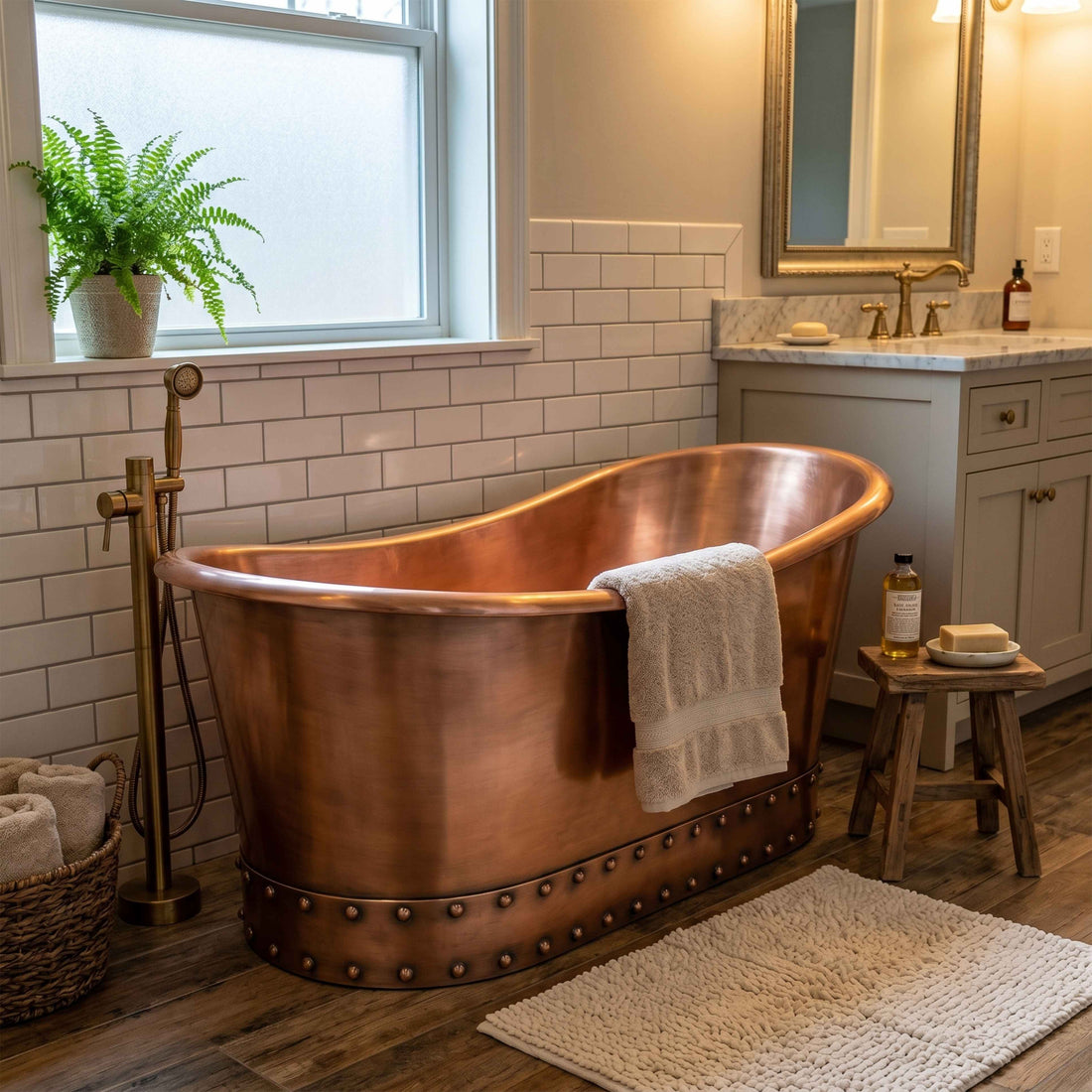 Handcrafted Single-Slipper Copper Freestanding Bathtub with Rivet