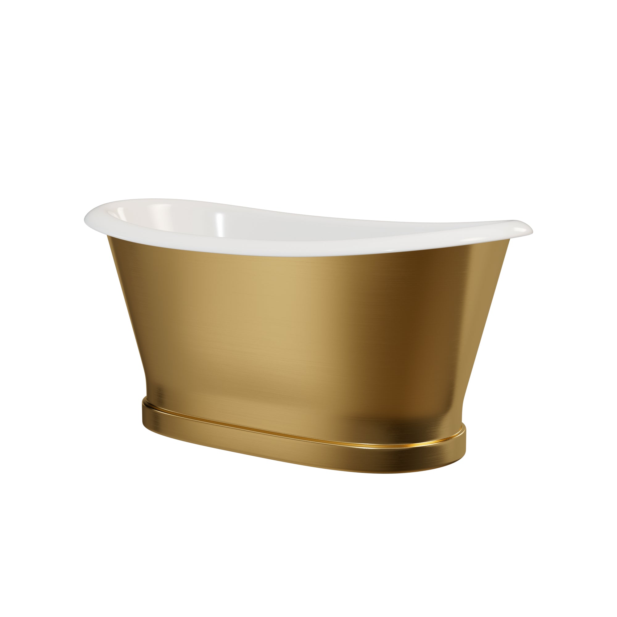 Luxury brushed gold freestanding bathtub in modern bathroom with tropical garden view, high-end bathroom renovation