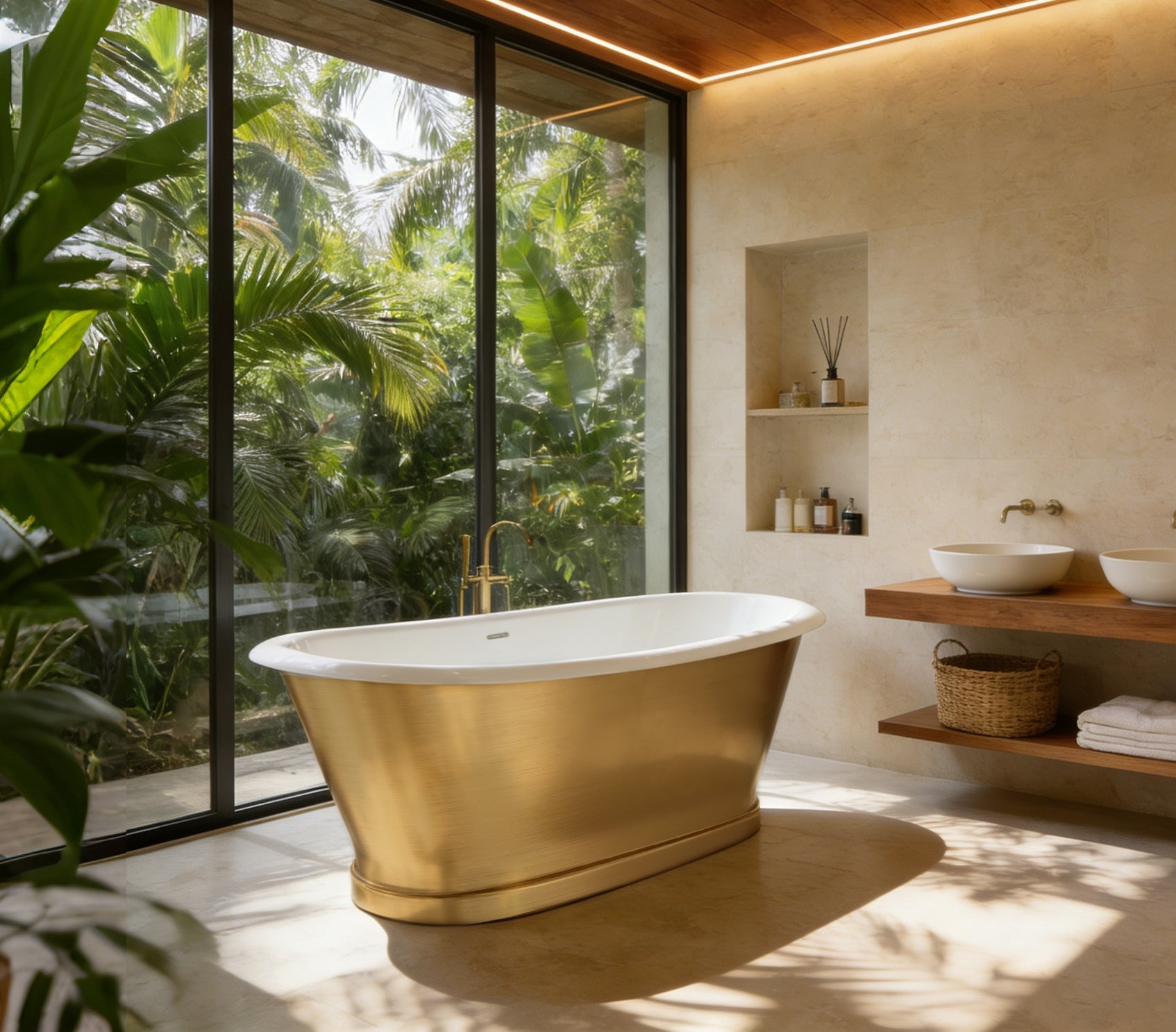 Brushed gold freestanding bathtub, luxury double-wall stainless steel soaking tub with white interior for modern bathroom