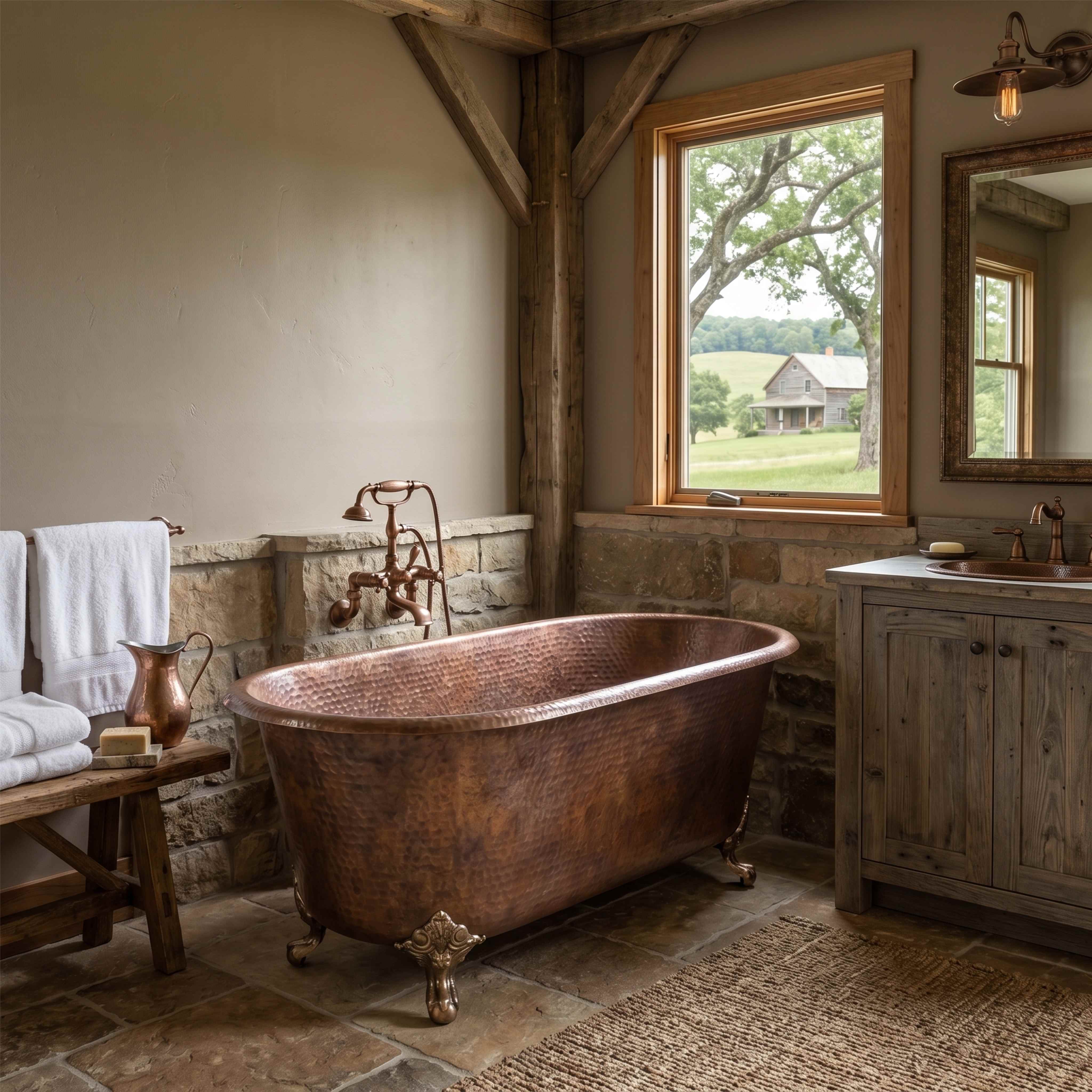 Hand-Hammered Double-Ended Copper Freestanding Bathtub with Clawfoot