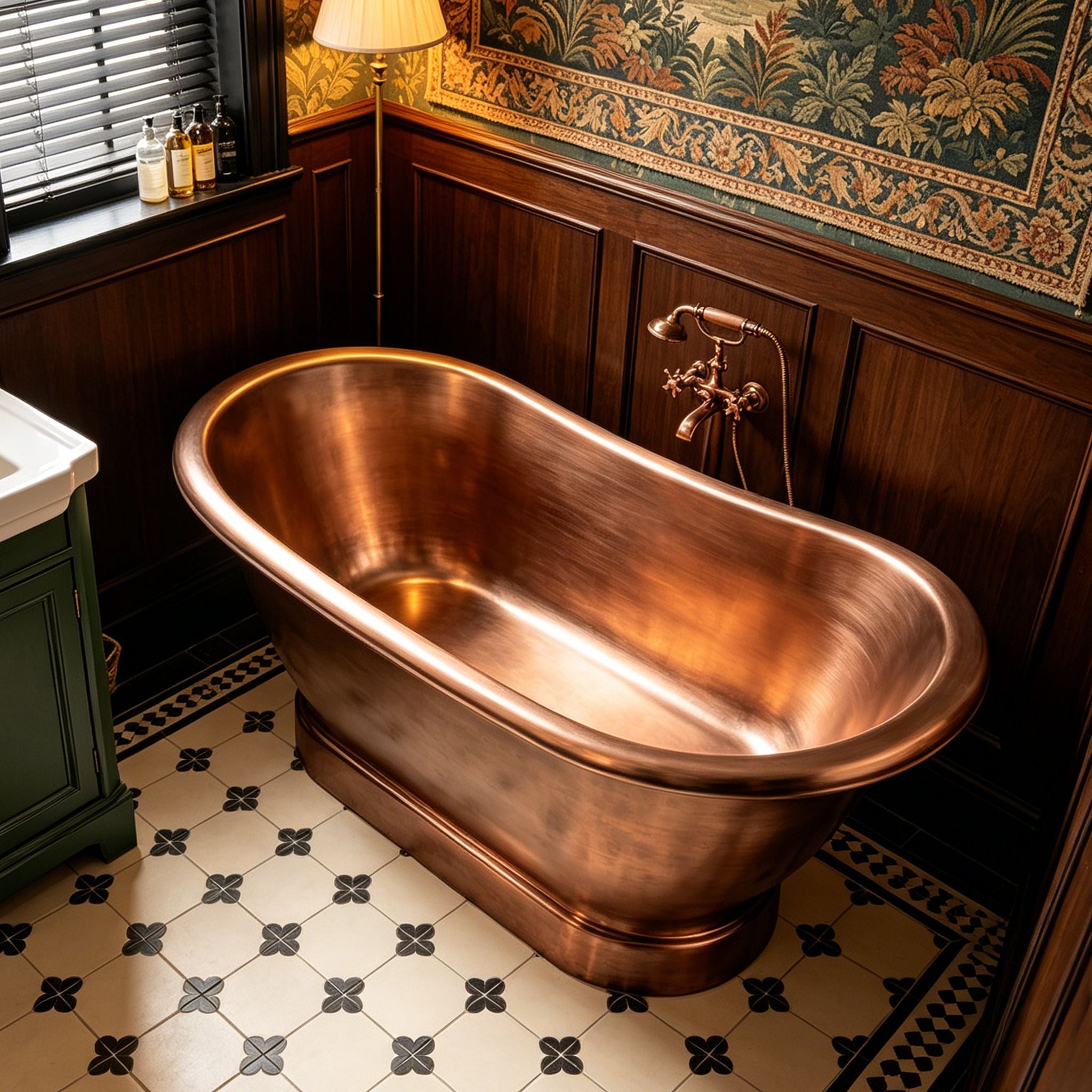 Handcrafted Double-Slipper Copper Freestanding Pedestal Bathtub for Rustic & Luxury Bathrooms