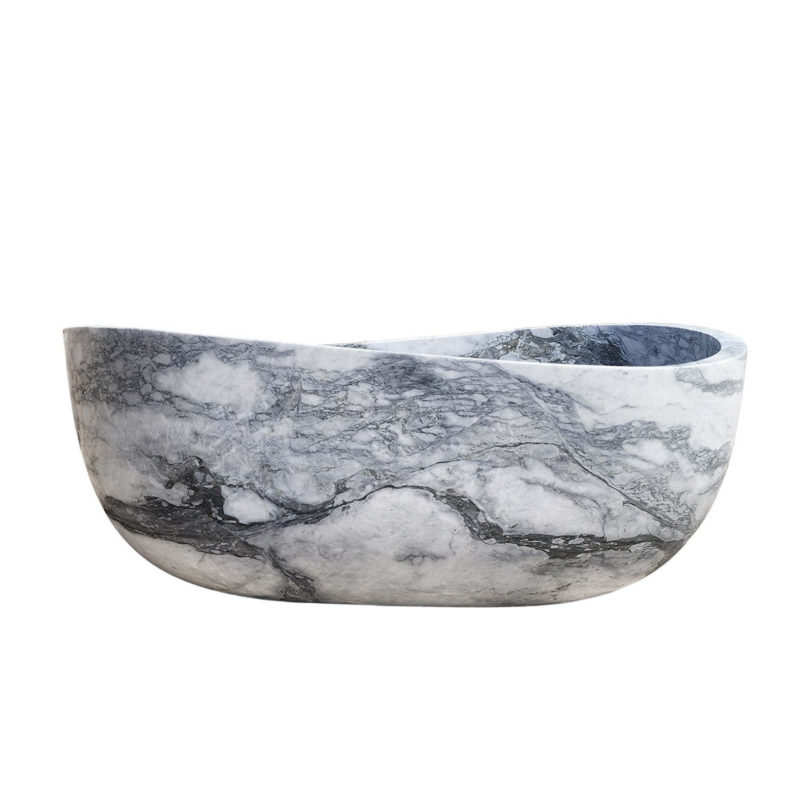 Elegant oval natural stone bathtub with striking gray and white marble patterns