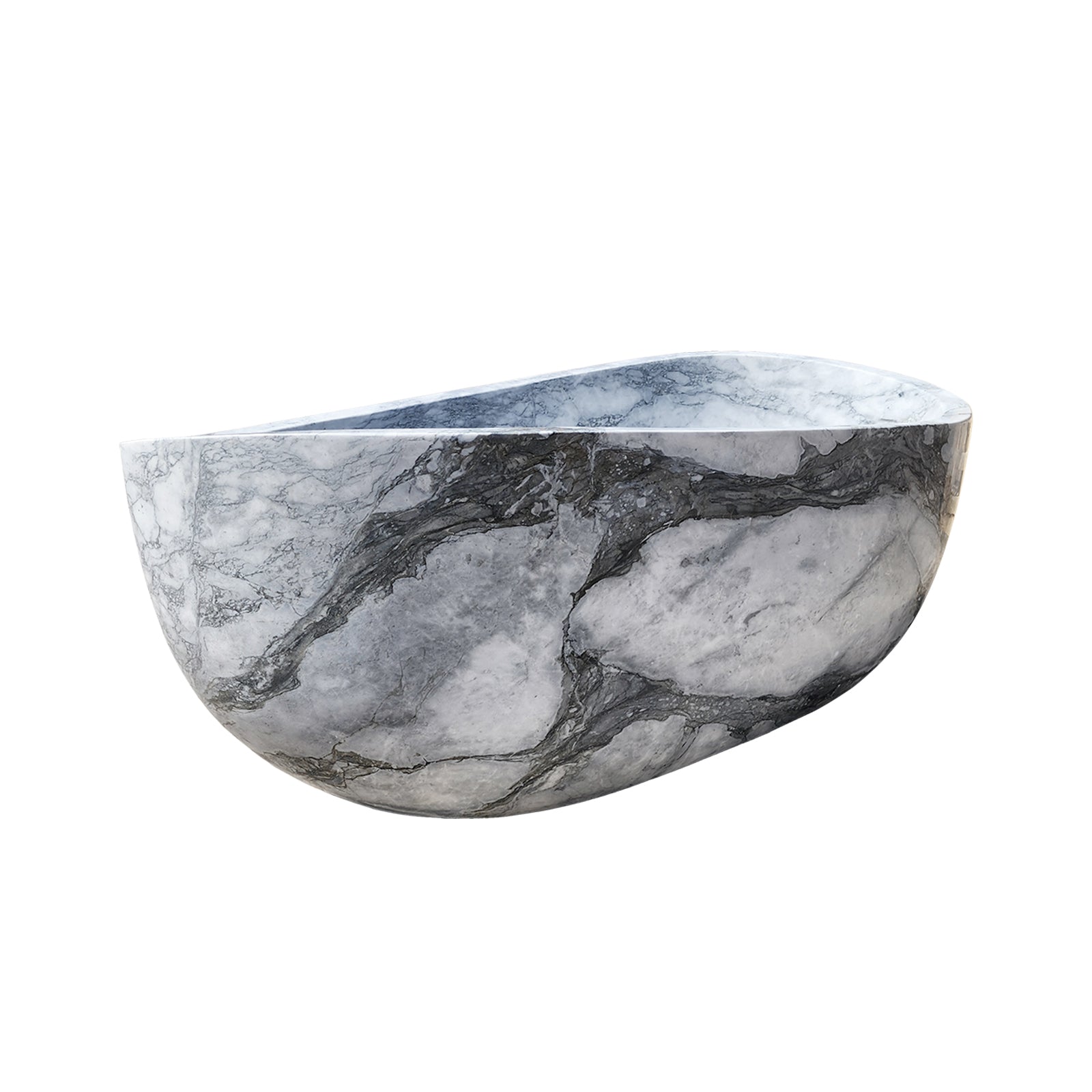 Elegant oval natural stone bathtub with striking gray and white marble patterns