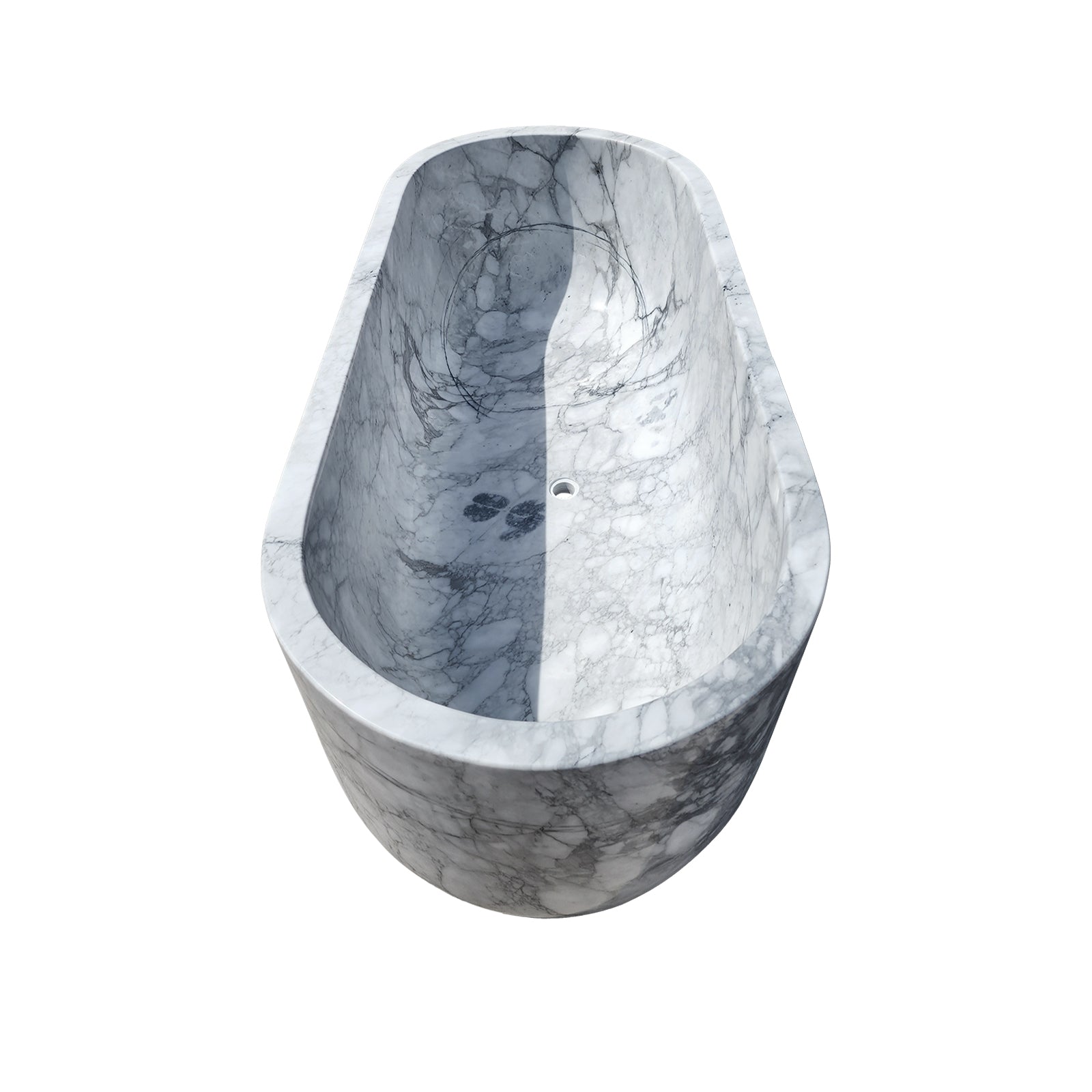 Elegant white statuario marble freestanding bathtub with intricate gray veining
