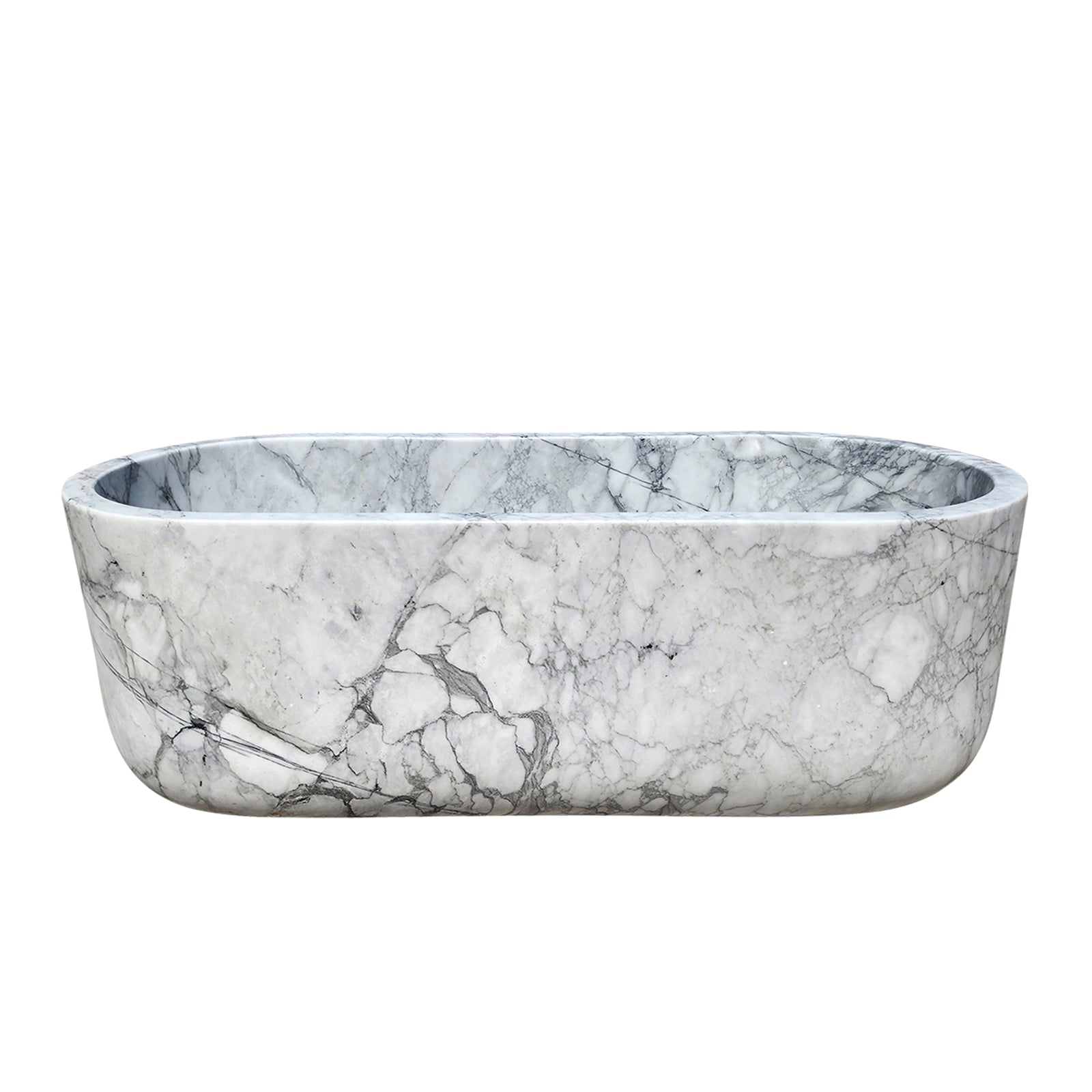 Handcrafted freestanding white marble bathtub with dramatic gray veining
