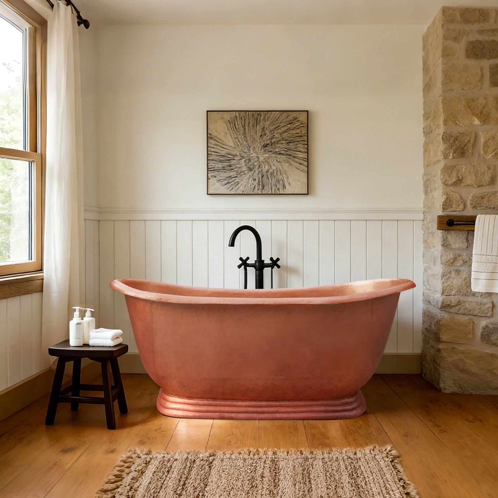 Double-slipper Natural Copper Freestanding Soaking Bathtub Farmhouse Bathroom