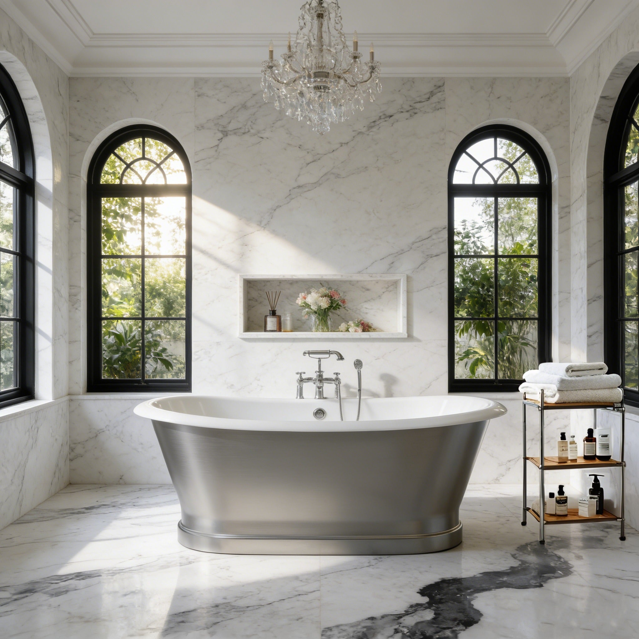 stainless steel freestanding bathtub with cast iron interor, modern double-wall freestanding tub for bathroom