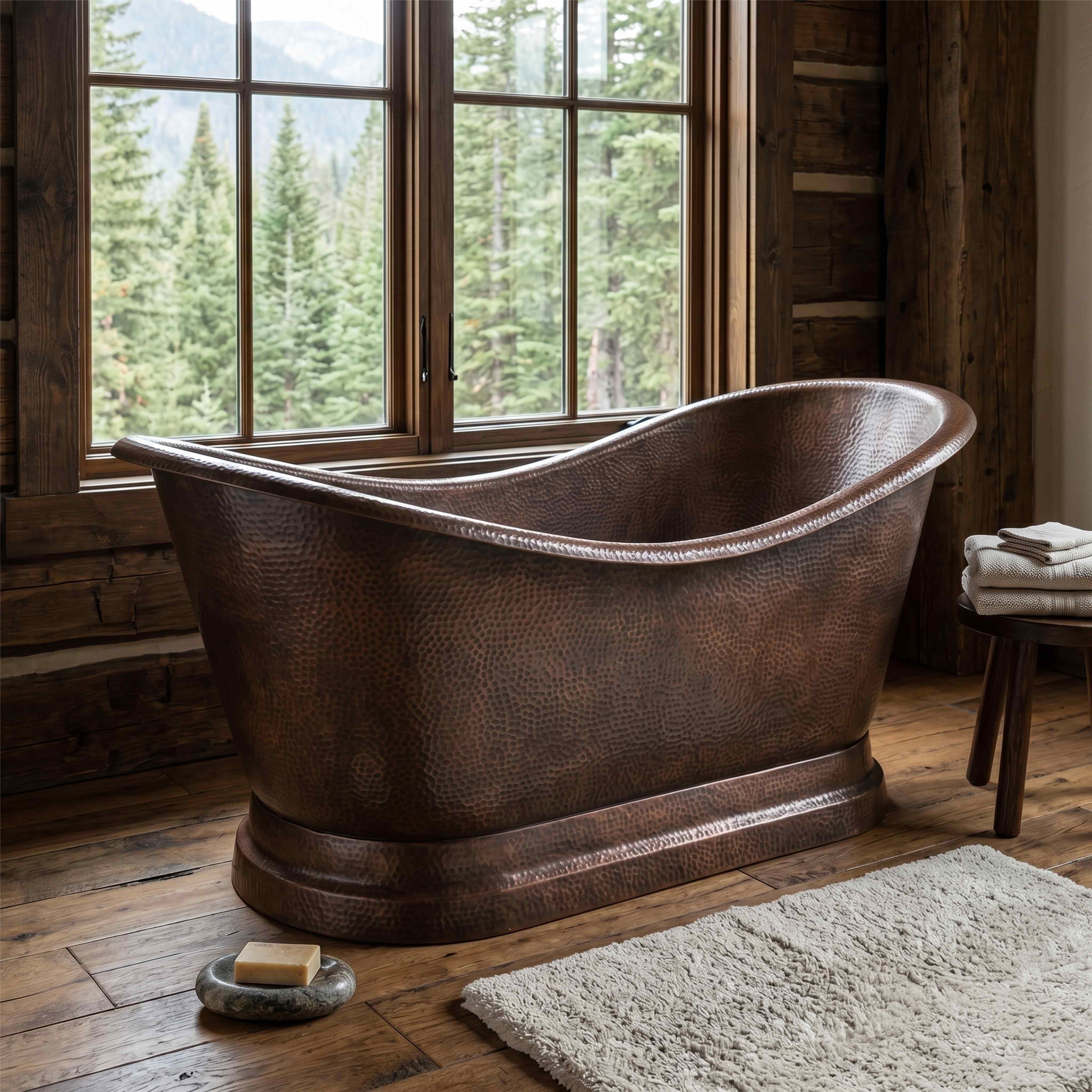 Hammered Double-Slipper Copper Freestanding Pedestal Bathtub