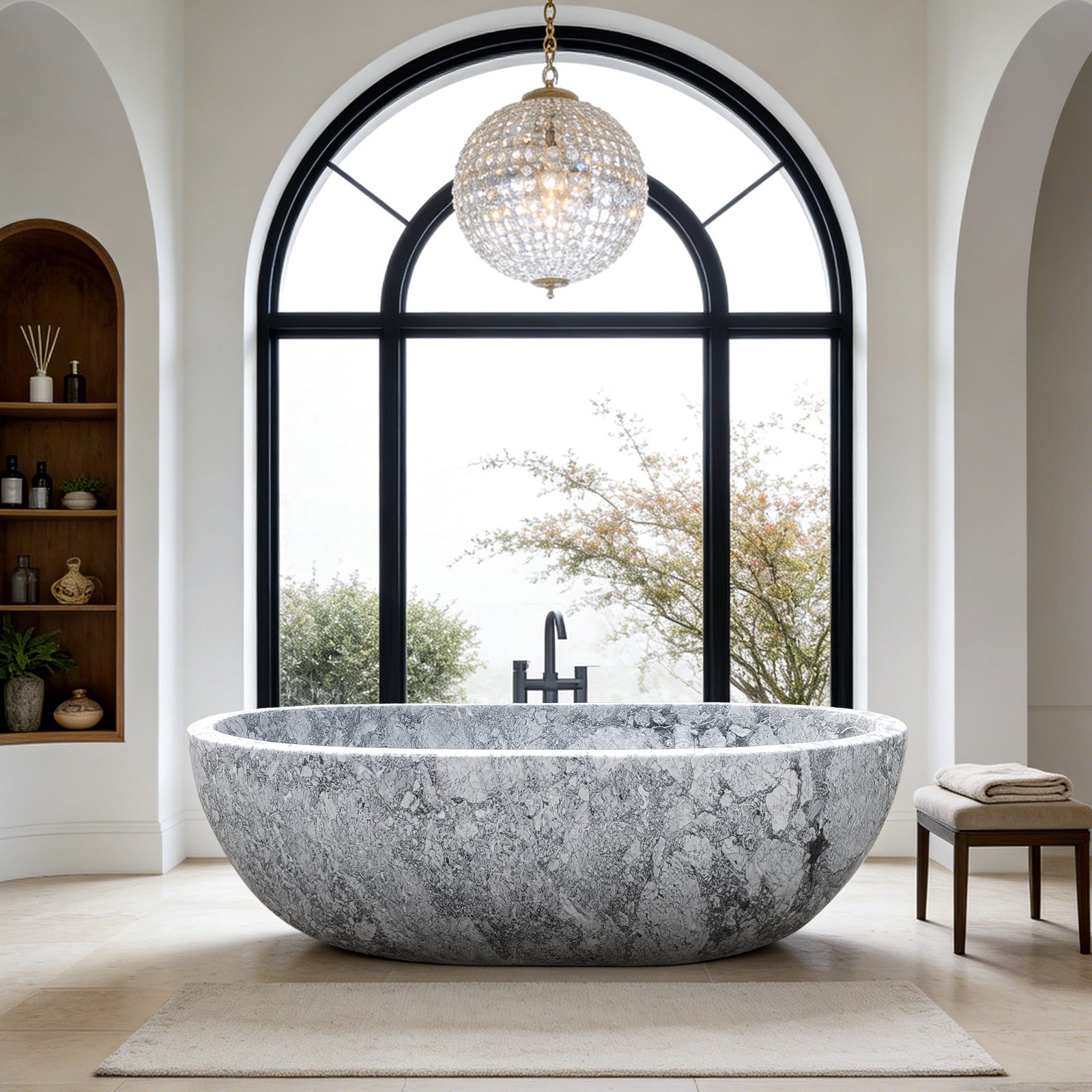 Handcrafted Grey Marble Stone Freestanding Bathtub | Oval Solid Stone Soaking Tub for Luxury Bathroom
