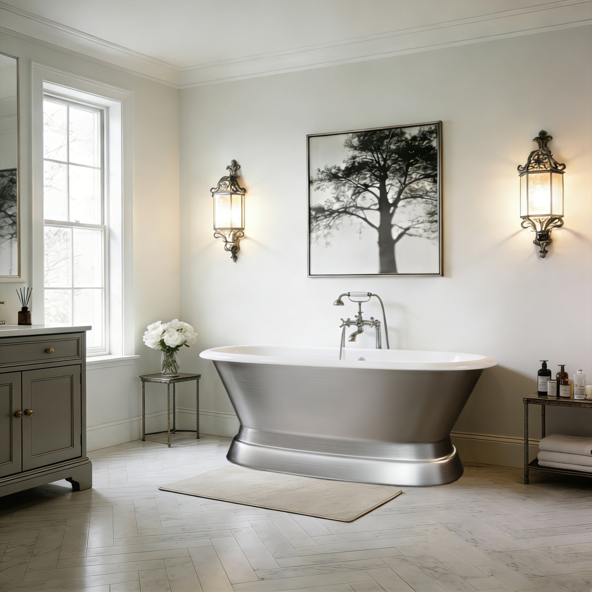 Modern stainless steel freestanding tub with cast iron interior, luxury bathroom tub